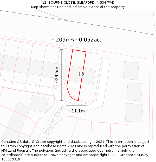 12, BOURNE CLOSE, SLEAFORD, NG34 7WD: Plot and title map