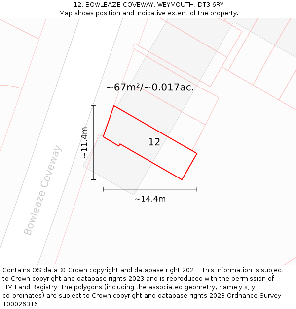 12, BOWLEAZE COVEWAY, WEYMOUTH, DT3 6RY: Plot and title map