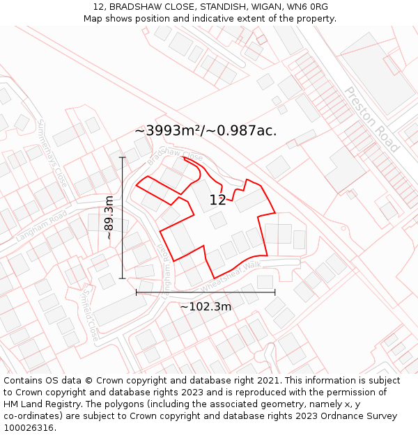 12, BRADSHAW CLOSE, STANDISH, WIGAN, WN6 0RG: Plot and title map