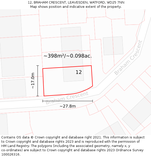 12, BRAHAM CRESCENT, LEAVESDEN, WATFORD, WD25 7NN: Plot and title map