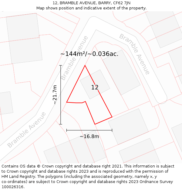 12, BRAMBLE AVENUE, BARRY, CF62 7JN: Plot and title map