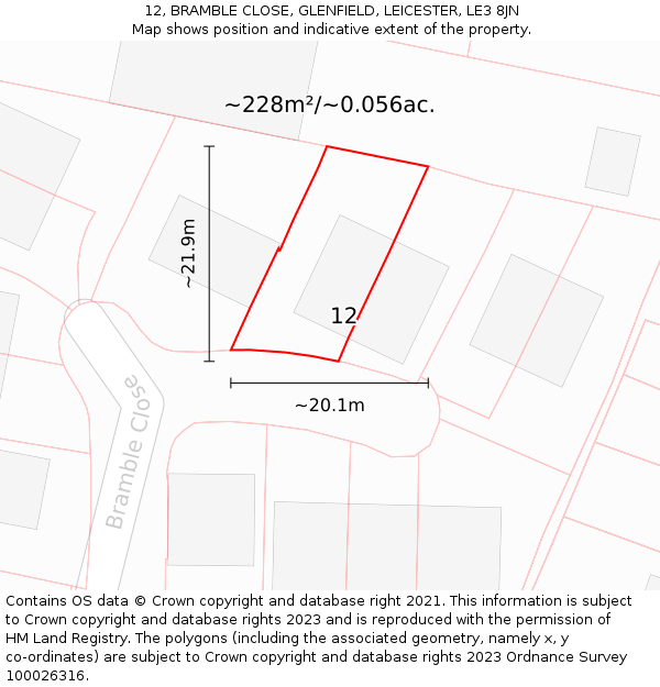 12, BRAMBLE CLOSE, GLENFIELD, LEICESTER, LE3 8JN: Plot and title map