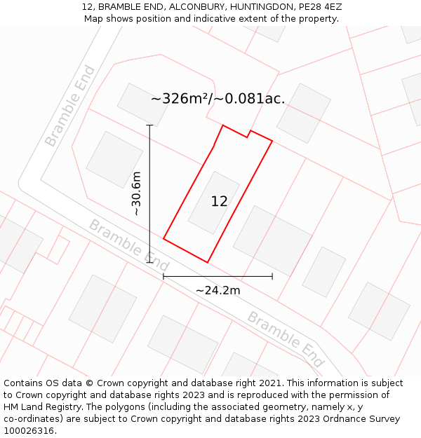 12, BRAMBLE END, ALCONBURY, HUNTINGDON, PE28 4EZ: Plot and title map