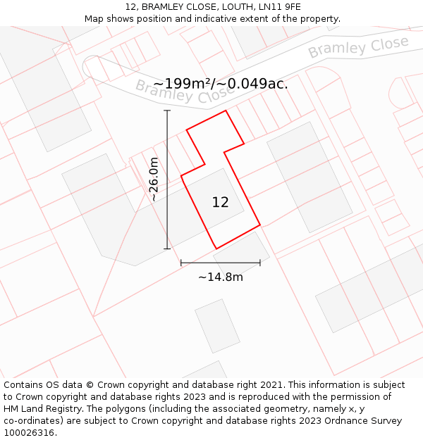 12, BRAMLEY CLOSE, LOUTH, LN11 9FE: Plot and title map