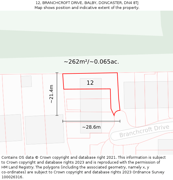 12, BRANCHCROFT DRIVE, BALBY, DONCASTER, DN4 8TJ: Plot and title map