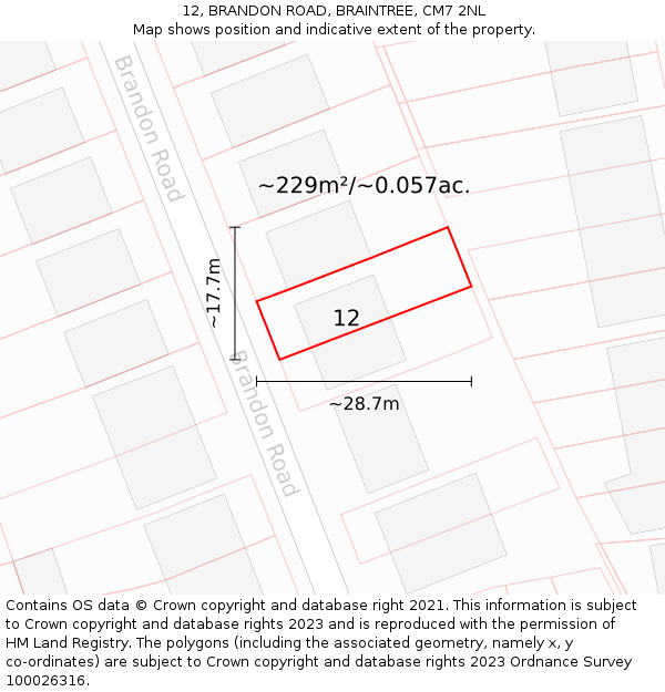 12, BRANDON ROAD, BRAINTREE, CM7 2NL: Plot and title map