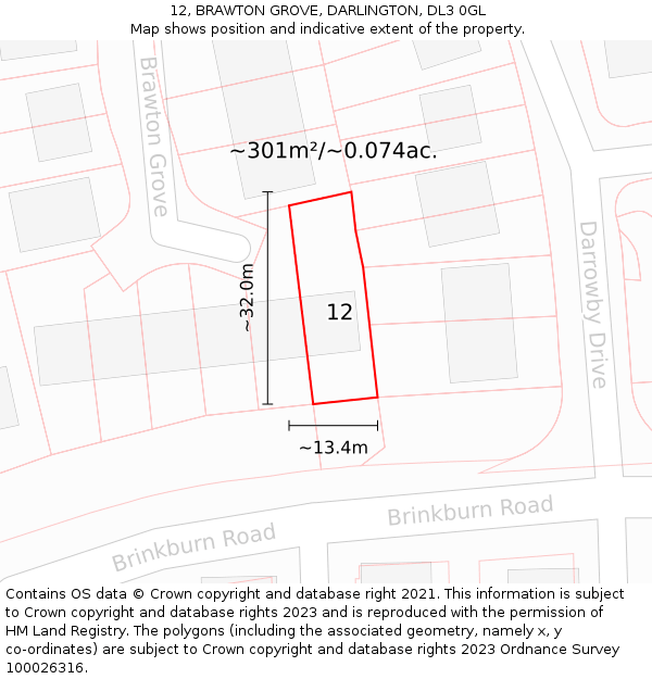 12, BRAWTON GROVE, DARLINGTON, DL3 0GL: Plot and title map