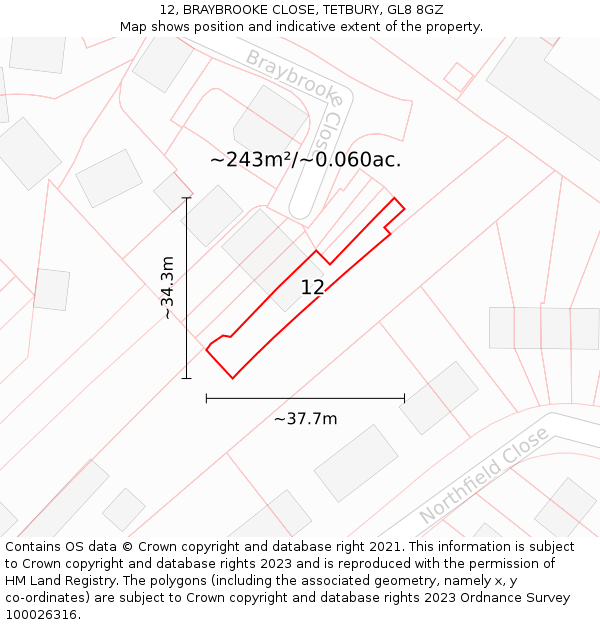 12, BRAYBROOKE CLOSE, TETBURY, GL8 8GZ: Plot and title map