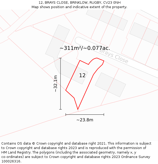 12, BRAYS CLOSE, BRINKLOW, RUGBY, CV23 0NH: Plot and title map