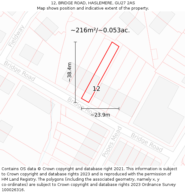 12, BRIDGE ROAD, HASLEMERE, GU27 2AS: Plot and title map