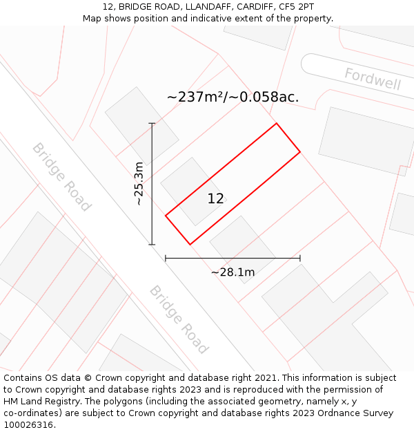 12, BRIDGE ROAD, LLANDAFF, CARDIFF, CF5 2PT: Plot and title map