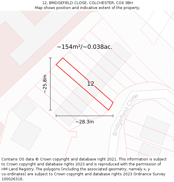 12, BRIDGEFIELD CLOSE, COLCHESTER, CO4 3BH: Plot and title map