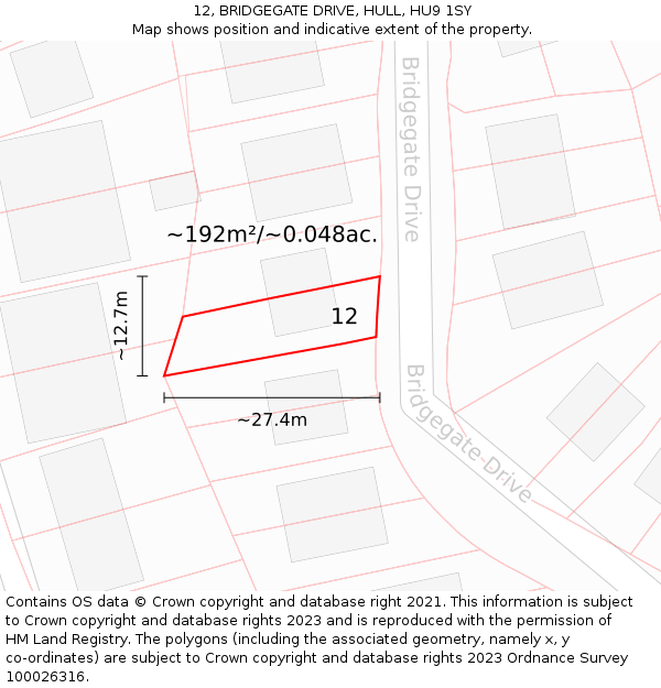 12, BRIDGEGATE DRIVE, HULL, HU9 1SY: Plot and title map