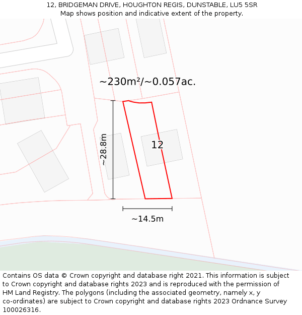 12, BRIDGEMAN DRIVE, HOUGHTON REGIS, DUNSTABLE, LU5 5SR: Plot and title map