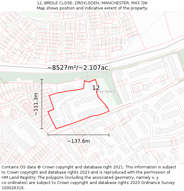 12, BRIDLE CLOSE, DROYLSDEN, MANCHESTER, M43 7JW: Plot and title map