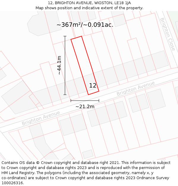 12, BRIGHTON AVENUE, WIGSTON, LE18 1JA: Plot and title map