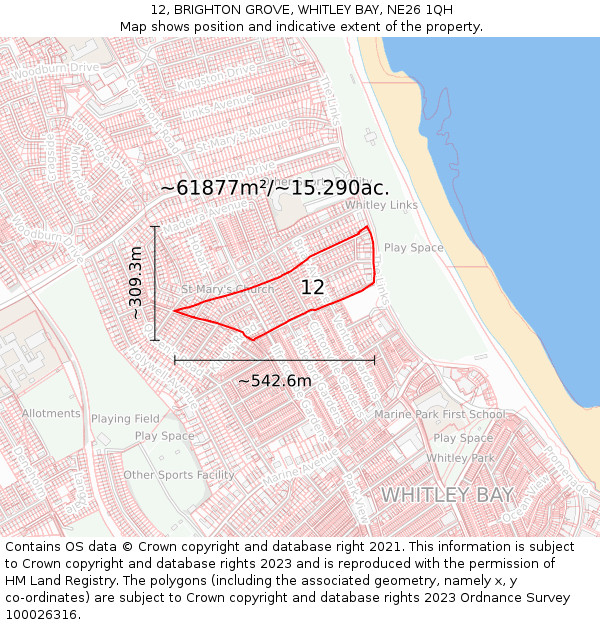 12, BRIGHTON GROVE, WHITLEY BAY, NE26 1QH: Plot and title map