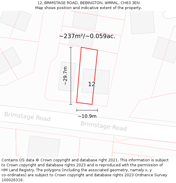 12, BRIMSTAGE ROAD, BEBINGTON, WIRRAL, CH63 3EN: Plot and title map