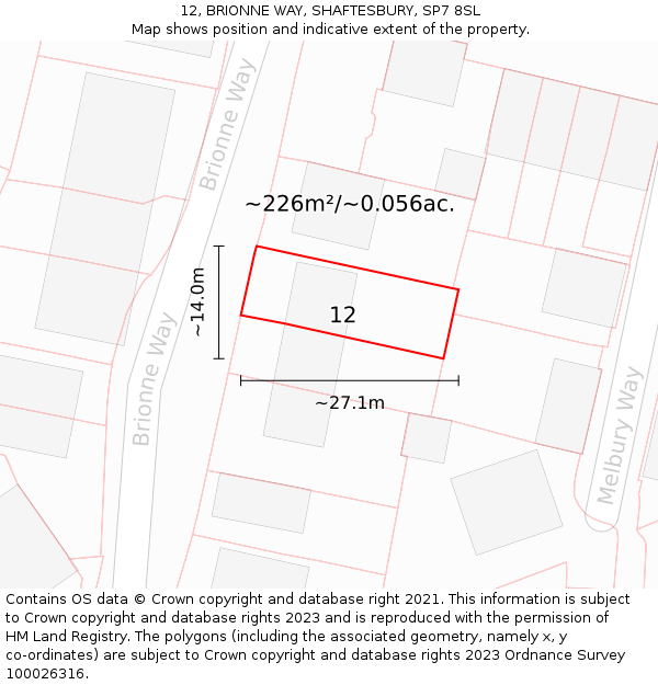 12, BRIONNE WAY, SHAFTESBURY, SP7 8SL: Plot and title map