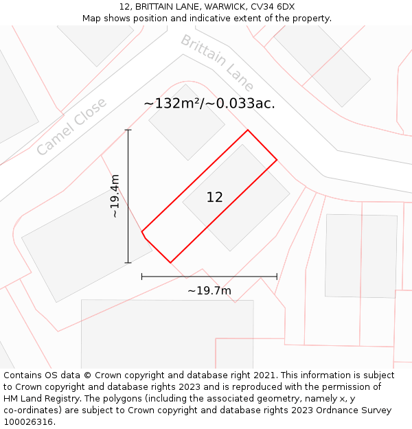 12, BRITTAIN LANE, WARWICK, CV34 6DX: Plot and title map