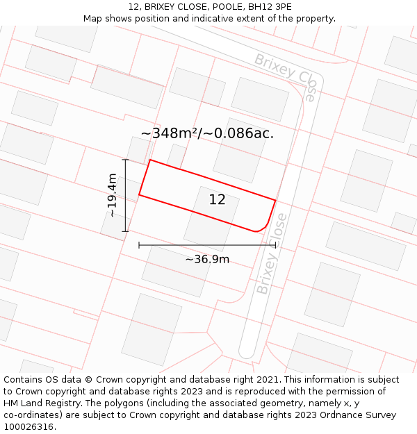 12, BRIXEY CLOSE, POOLE, BH12 3PE: Plot and title map