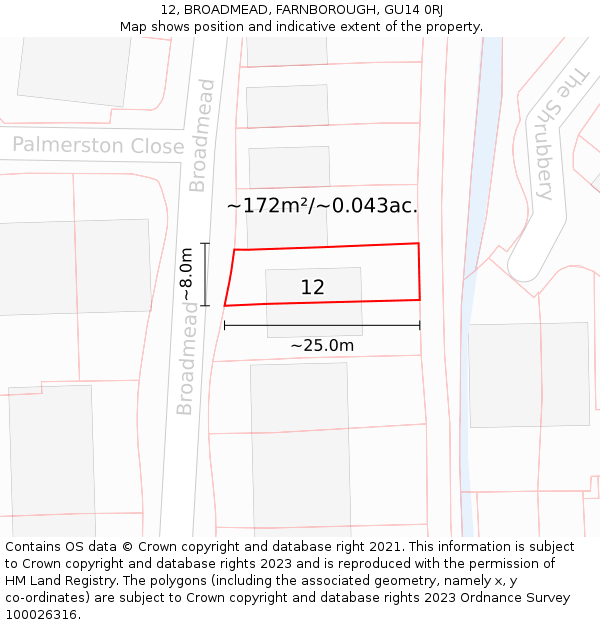 12, BROADMEAD, FARNBOROUGH, GU14 0RJ: Plot and title map