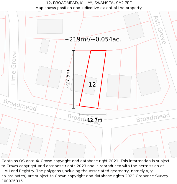 12, BROADMEAD, KILLAY, SWANSEA, SA2 7EE: Plot and title map