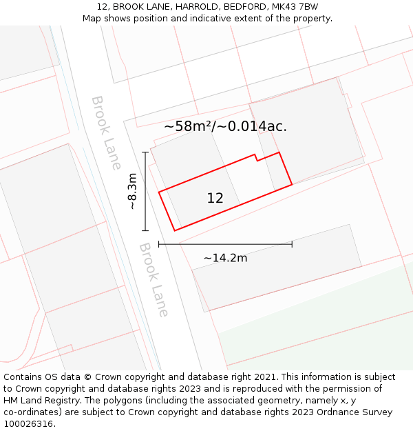 12, BROOK LANE, HARROLD, BEDFORD, MK43 7BW: Plot and title map