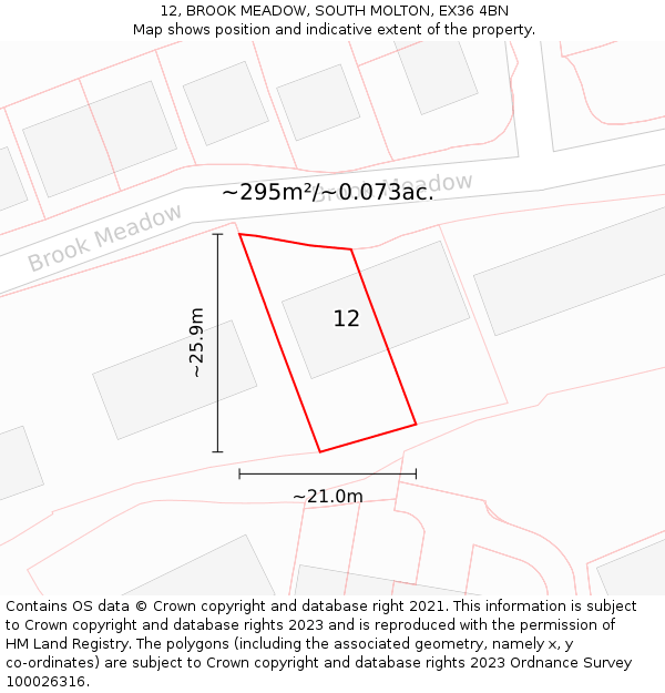 12, BROOK MEADOW, SOUTH MOLTON, EX36 4BN: Plot and title map