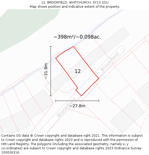 12, BROOKFIELD, WHITCHURCH, SY13 1DU: Plot and title map