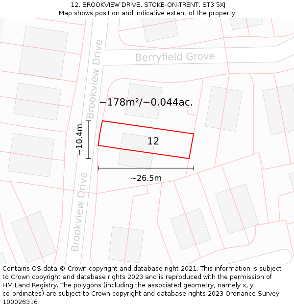 12, BROOKVIEW DRIVE, STOKE-ON-TRENT, ST3 5XJ: Plot and title map