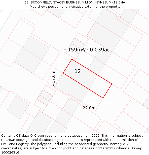 12, BROOMFIELD, STACEY BUSHES, MILTON KEYNES, MK12 6HA: Plot and title map