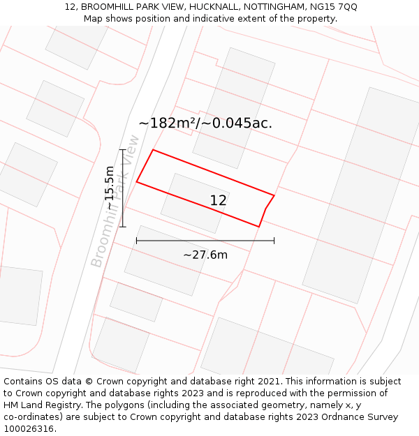 12, BROOMHILL PARK VIEW, HUCKNALL, NOTTINGHAM, NG15 7QQ: Plot and title map