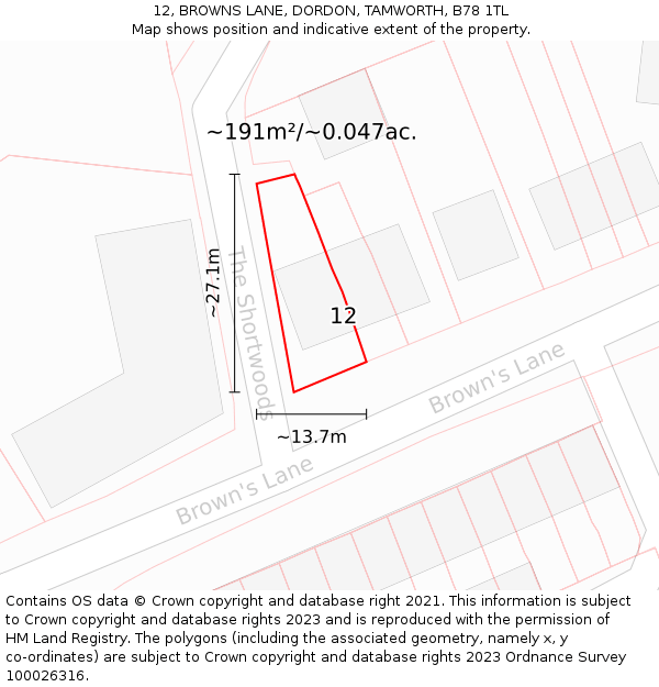 12, BROWNS LANE, DORDON, TAMWORTH, B78 1TL: Plot and title map