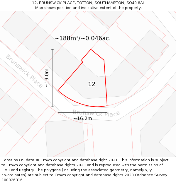 12, BRUNSWICK PLACE, TOTTON, SOUTHAMPTON, SO40 8AL: Plot and title map