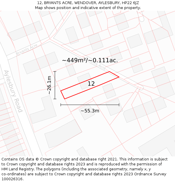 12, BRYANTS ACRE, WENDOVER, AYLESBURY, HP22 6JZ: Plot and title map