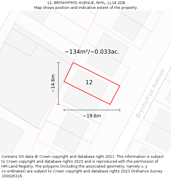 12, BRYNHYFRYD AVENUE, RHYL, LL18 2DB: Plot and title map