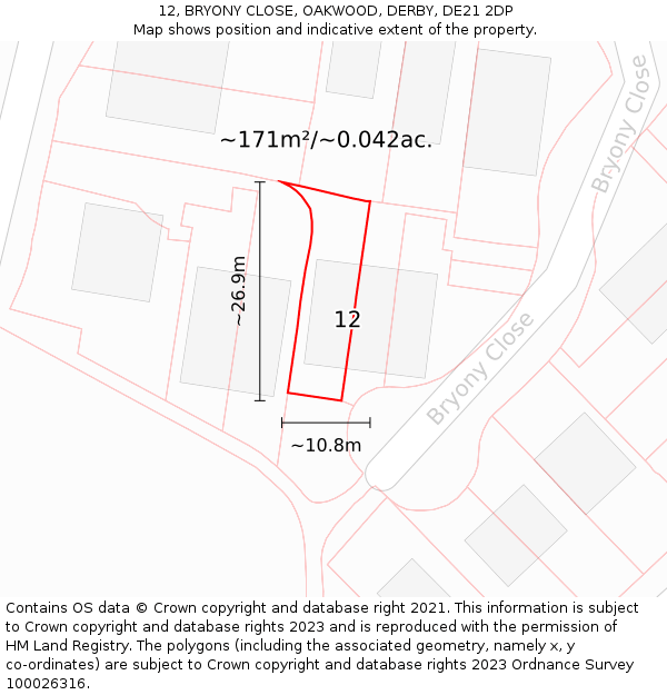 12, BRYONY CLOSE, OAKWOOD, DERBY, DE21 2DP: Plot and title map