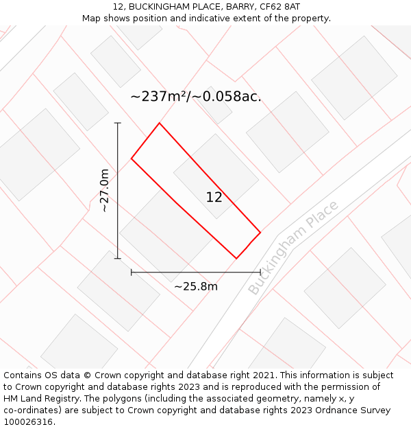 12, BUCKINGHAM PLACE, BARRY, CF62 8AT: Plot and title map