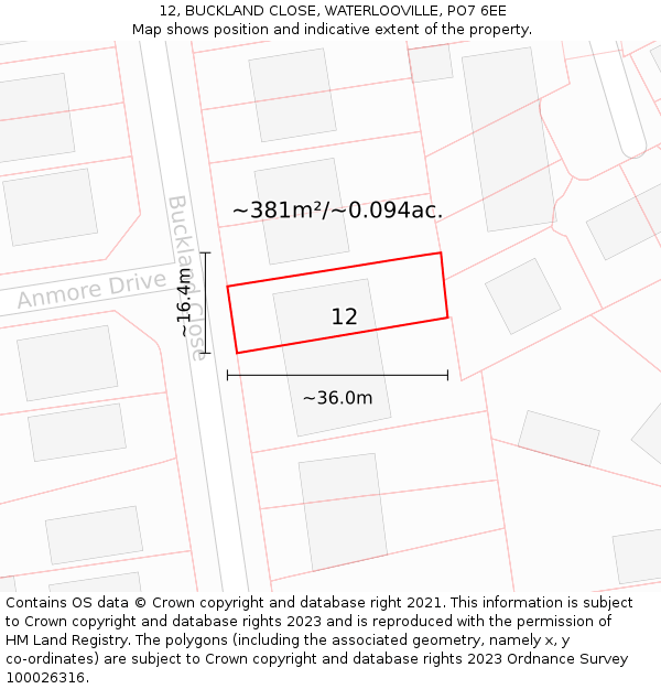 12, BUCKLAND CLOSE, WATERLOOVILLE, PO7 6EE: Plot and title map