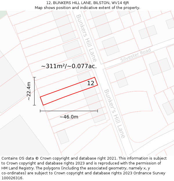 12, BUNKERS HILL LANE, BILSTON, WV14 6JR: Plot and title map