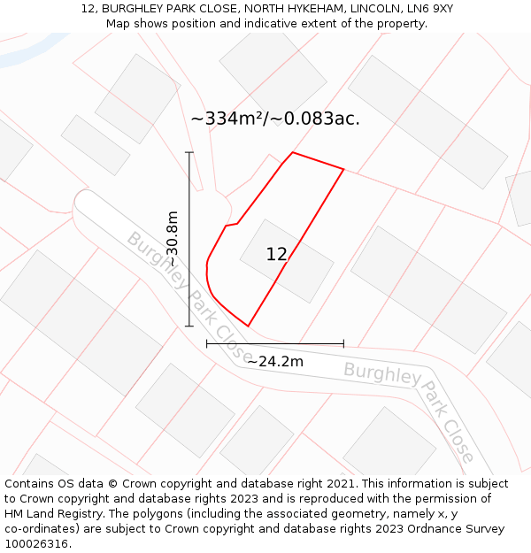 12, BURGHLEY PARK CLOSE, NORTH HYKEHAM, LINCOLN, LN6 9XY: Plot and title map