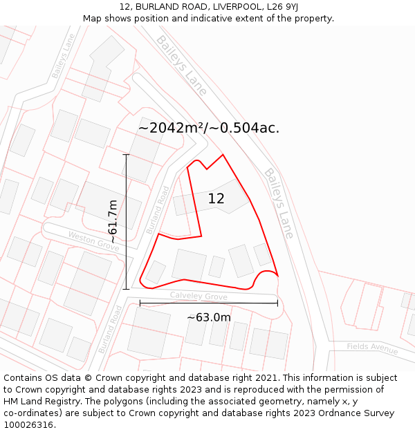 12, BURLAND ROAD, LIVERPOOL, L26 9YJ: Plot and title map