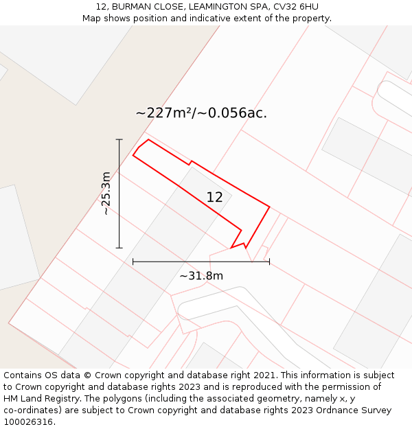 12, BURMAN CLOSE, LEAMINGTON SPA, CV32 6HU: Plot and title map
