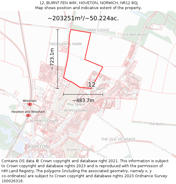 12, BURNT FEN WAY, HOVETON, NORWICH, NR12 8GJ: Plot and title map