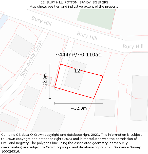12, BURY HILL, POTTON, SANDY, SG19 2RS: Plot and title map