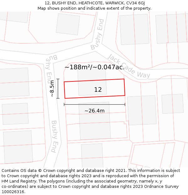 12, BUSHY END, HEATHCOTE, WARWICK, CV34 6GJ: Plot and title map