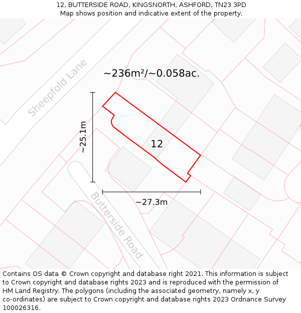 12, BUTTERSIDE ROAD, KINGSNORTH, ASHFORD, TN23 3PD: Plot and title map