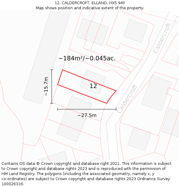 12, CALDERCROFT, ELLAND, HX5 9AY: Plot and title map