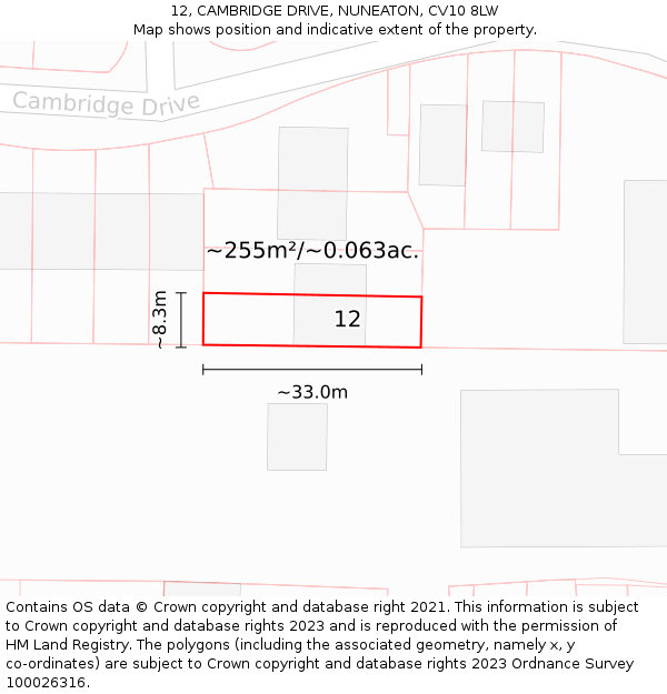 12, CAMBRIDGE DRIVE, NUNEATON, CV10 8LW: Plot and title map